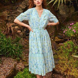 White Stuff Jamelia Midi White Blue Green Geometric Dress, Size 10 UK14